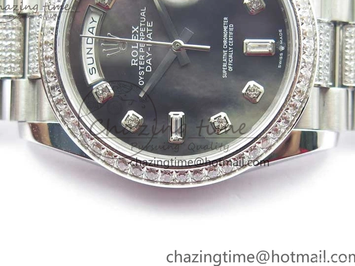 0517 SmoothTexture Day-Date 36mm 128239 SS Crystal BP Best Edition Black MOP Crystal Marker Dial on SS President Bracelet A 2681